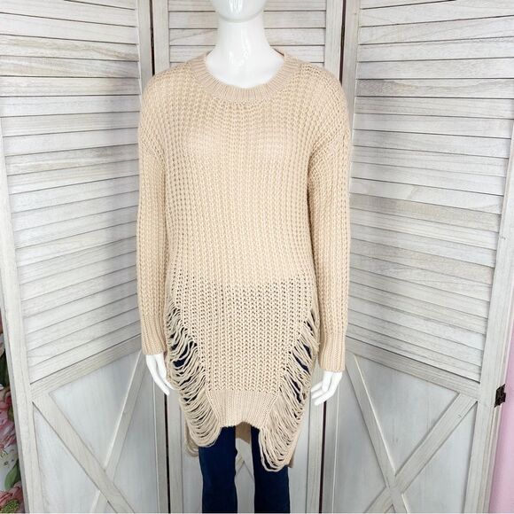 Fashion Nova Distressed Shredded Long Sweater Tan Medium Pullover - Picture 1 of 11